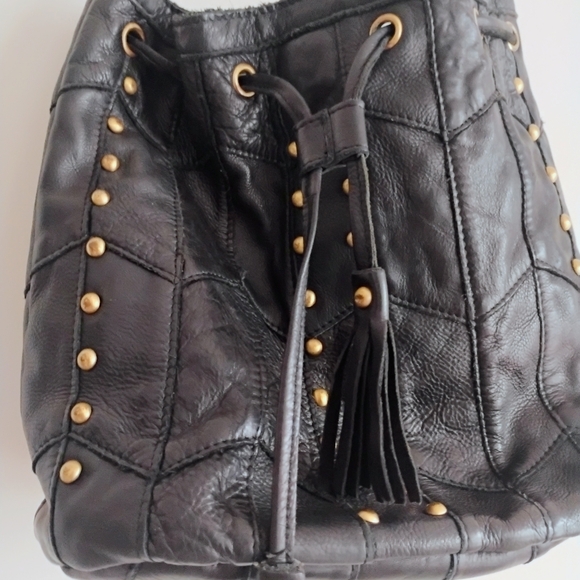 Amerileather Luxury Leather Tassel Studded Bucket Black Bag Moto Hippie Biker - Picture 12 of 12